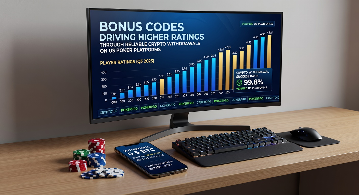 US poker players reviewing bonus code offers alongside crypto withdrawal confirmations on desktop platforms