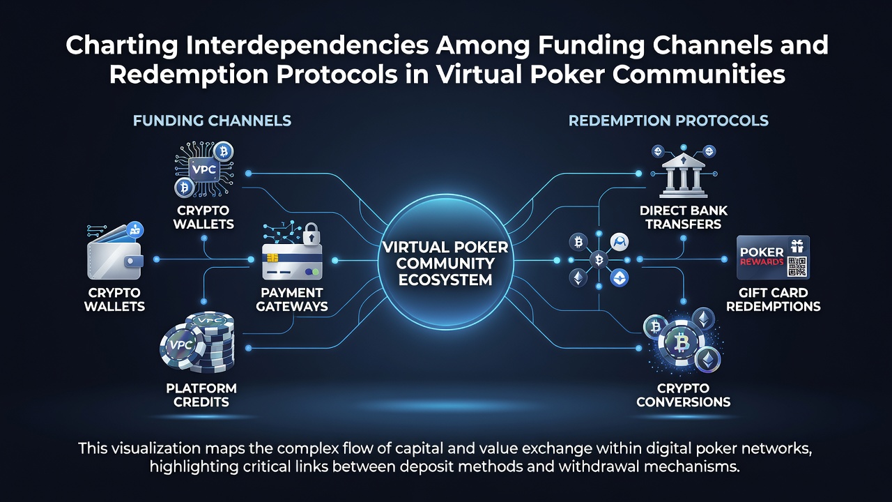 Diagram showing connections between various funding methods and redemption systems used by virtual poker players