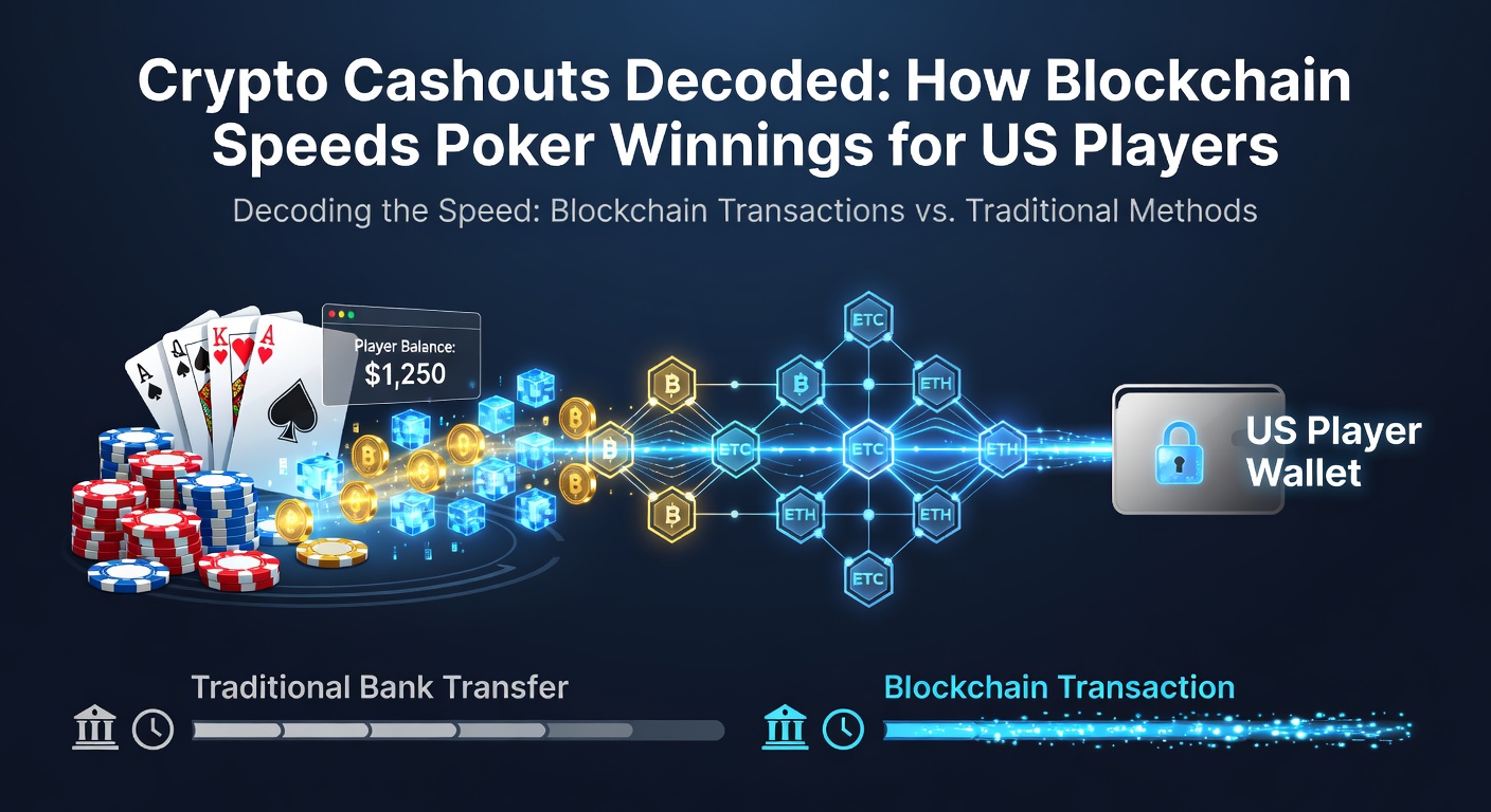 Digital blockchain network illustrating fast crypto transactions for poker winnings, with poker chips and cards integrated into the visual