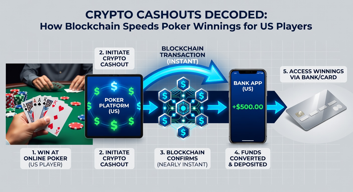 Illustration of a poker player checking crypto wallet on phone, showing rapid transaction confirmation with blockchain visuals and US flag elements