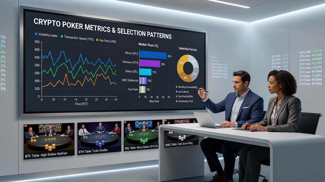 Charts displaying cryptocurrency evaluation metrics and selection trends on US poker platforms in 2026