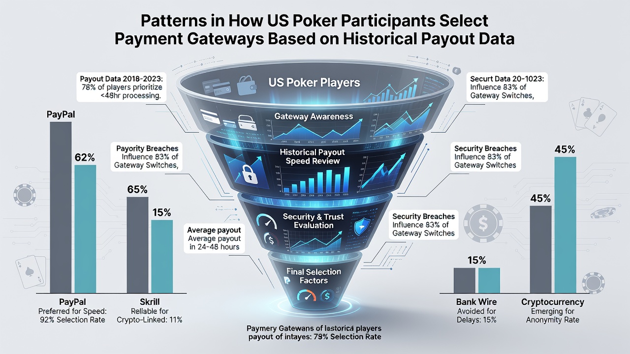 US poker players reviewing payment gateway options on digital platforms with charts showing historical payout trends