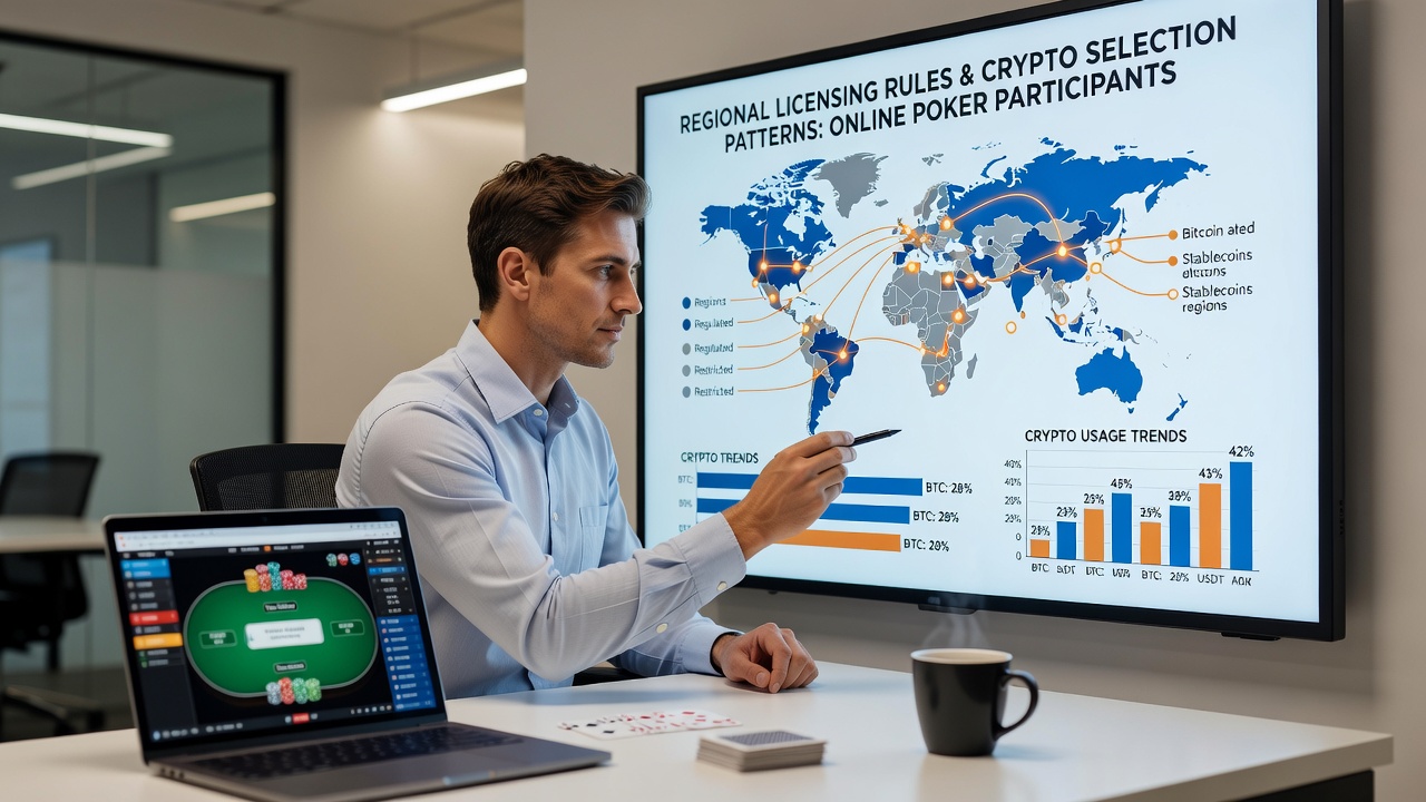Infographic displaying crypto selection trends driven by regional poker licensing regulations