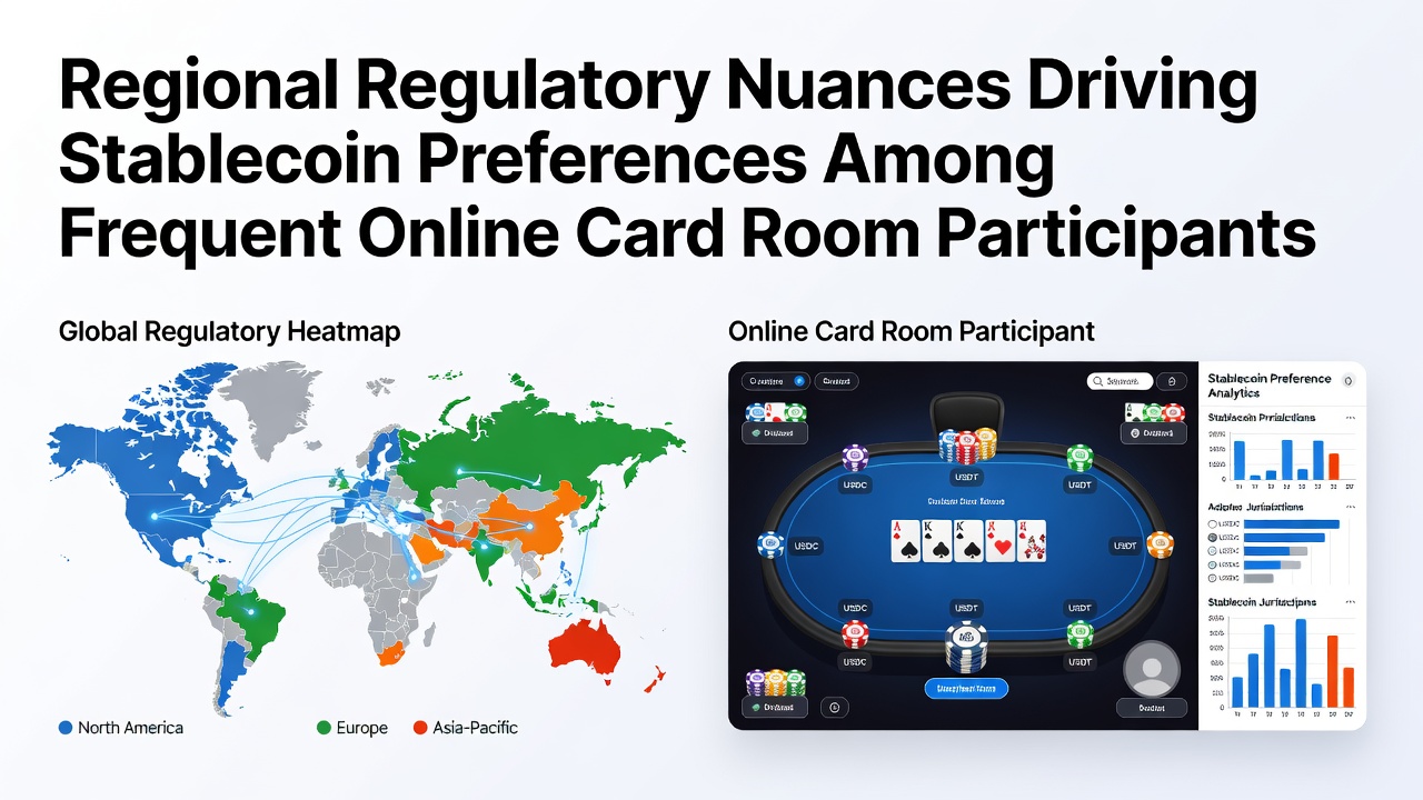 Illustration showing global regulatory maps overlaid with poker chip and stablecoin icons representing regional differences in online gaming payments