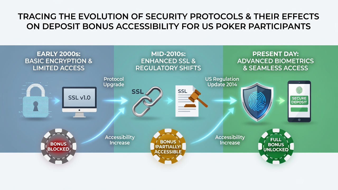Timeline graphic showing the progression of online poker security protocols from basic encryption to advanced multi-factor systems and their impact on bonus claims
