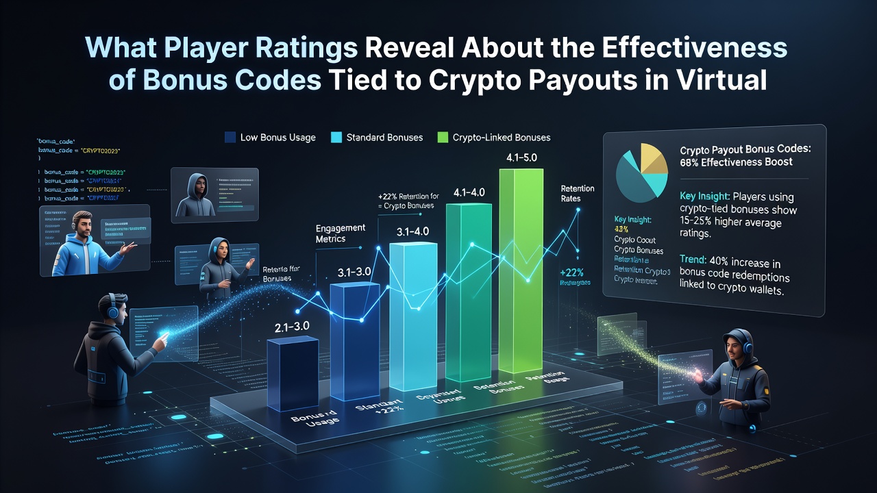 Comparison infographic of bonus code redemption rates and average player ratings by cryptocurrency type
